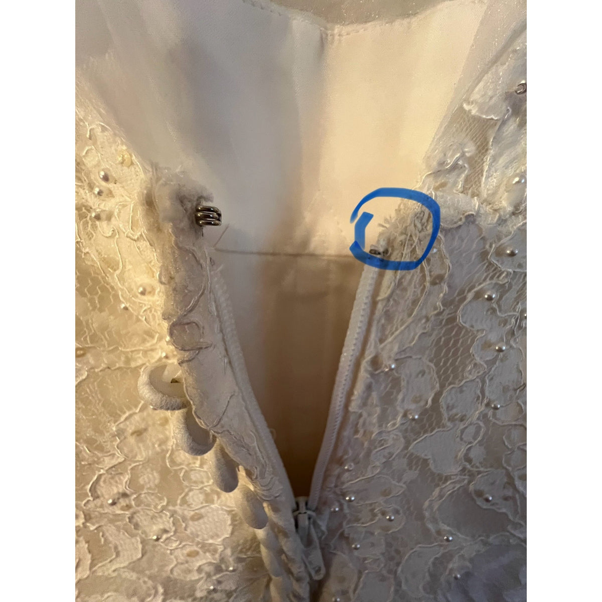 Oleg Cassini SZ 14 Elegant White Lace Short-Sleeve Wedding Dress With Sheer Neckline & Button-Back