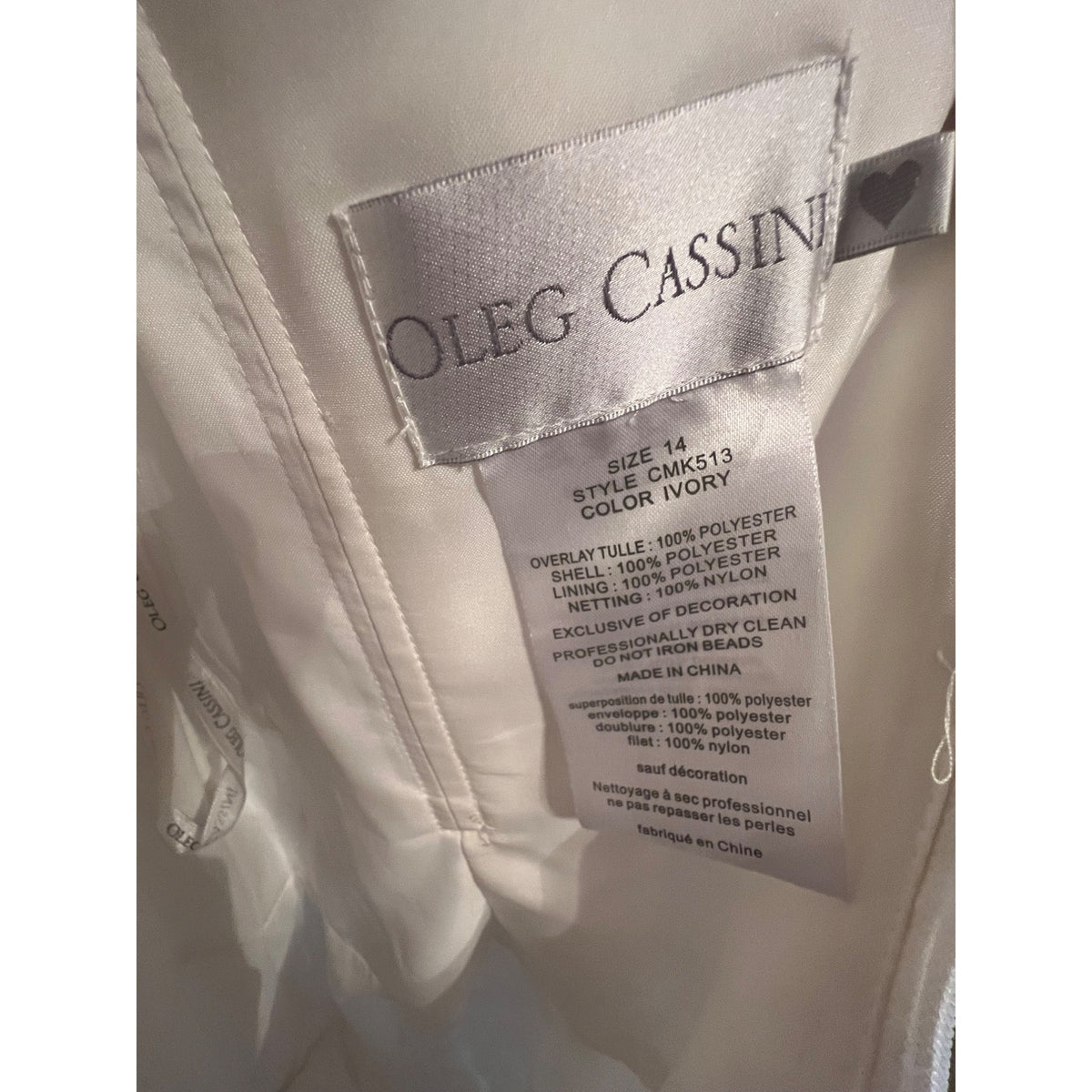 Oleg Cassini SZ 14 Elegant White Lace Short-Sleeve Wedding Dress With Sheer Neckline & Button-Back