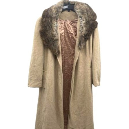 Vintage Beige Wool Coat With Fur Collar & Satin Lining Belted Back Mid-Length Women's Outerwear