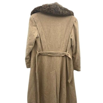 Vintage Beige Wool Coat With Fur Collar & Satin Lining Belted Back Mid-Length Women's Outerwear