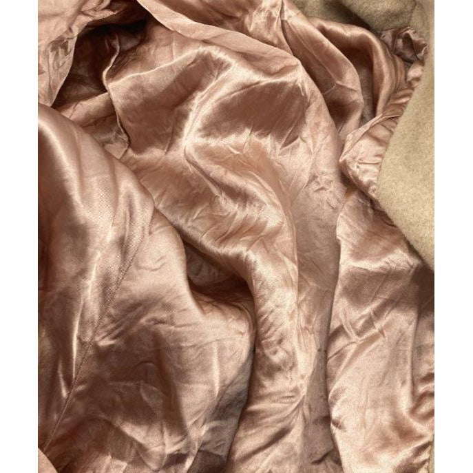 Vintage Beige Wool Coat With Fur Collar & Satin Lining Belted Back Mid-Length Women's Outerwear