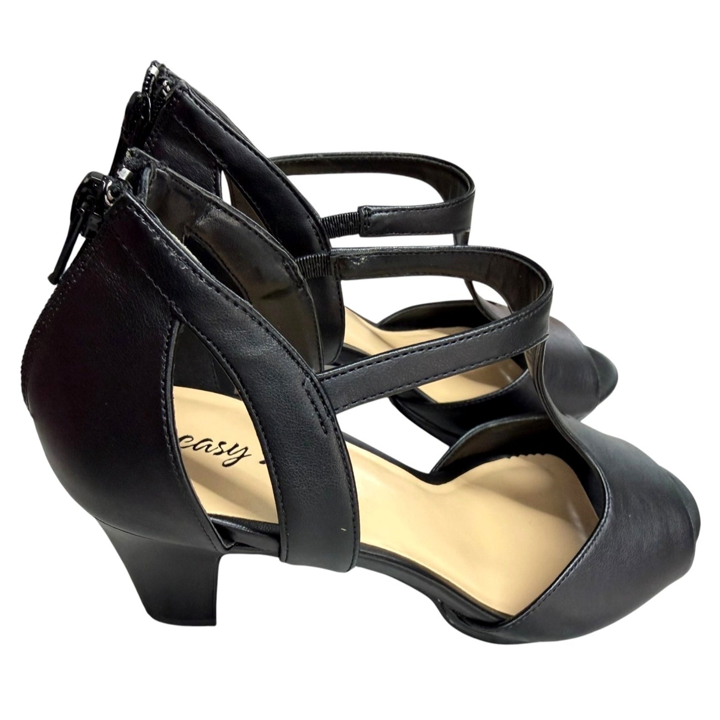 Easy Street Womens Black Flash T-Strap Heels 9M Stretch Fit Super Flex Comfort Open Toe Back Zip Closure