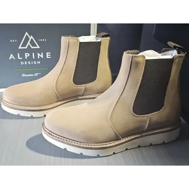 Women's Alpine Design Tan Leather Chelsea Boots With White Sole & Black Elastic Sides Size 6.5 NWT designed in Italy