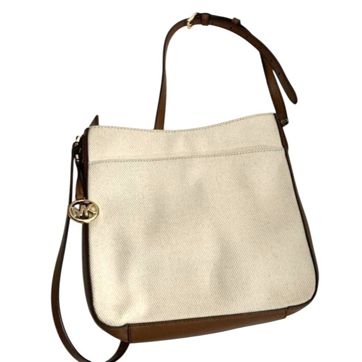 Michael Kors Jet Set Large Messenger Beige & Brown Canvas Crossbody Bag