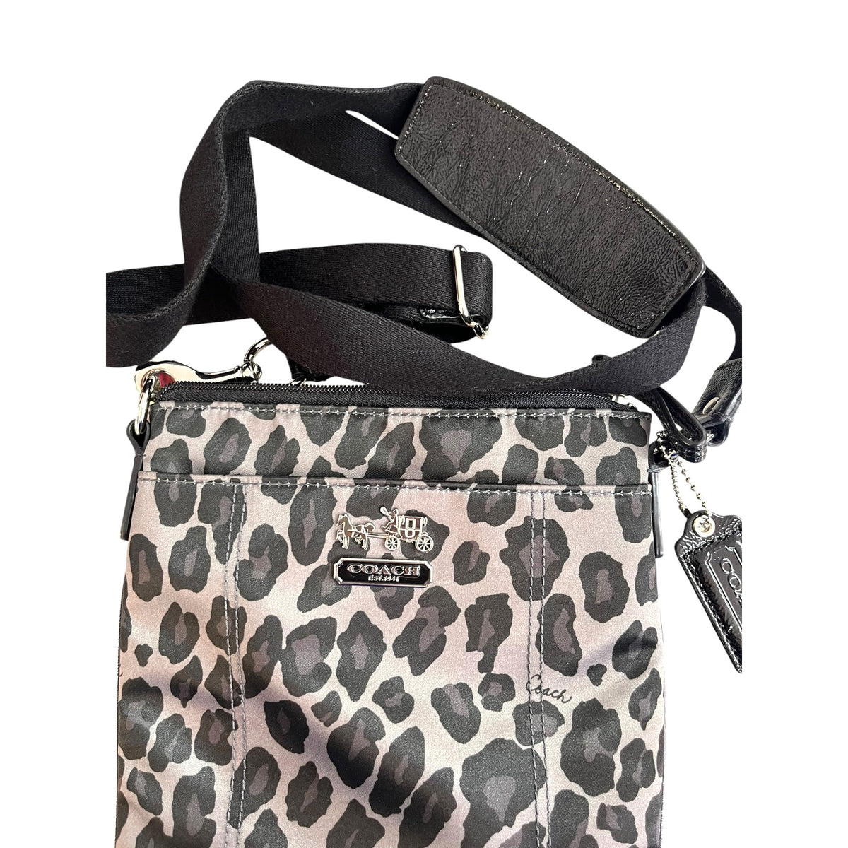 Coach Leopard Print Crossbody Bag With Adjustable Strap & Silver Hardware