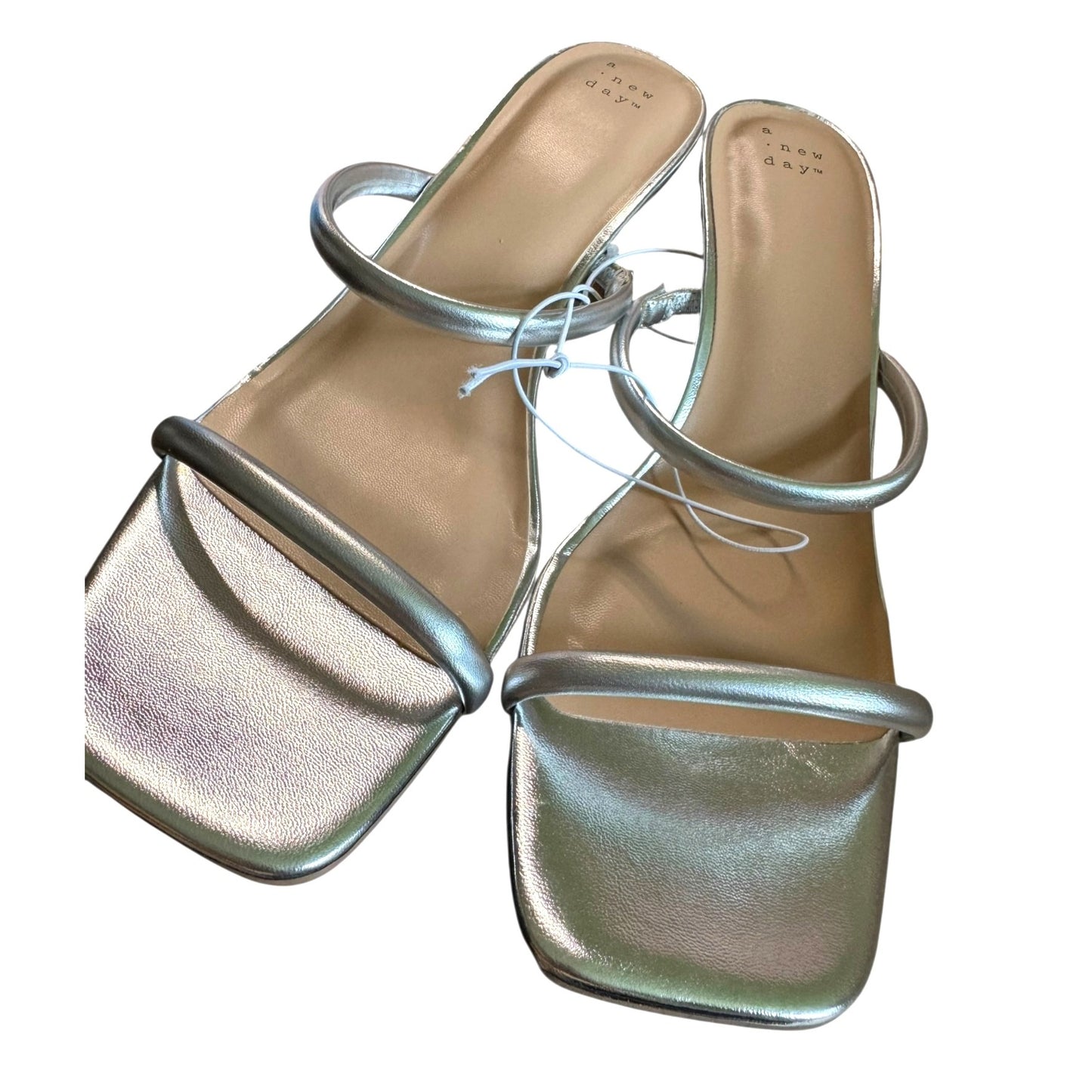 A New Day Silver Heeled Sandals Block Heel Square Toe Strappy Size 12 Womens Shoes