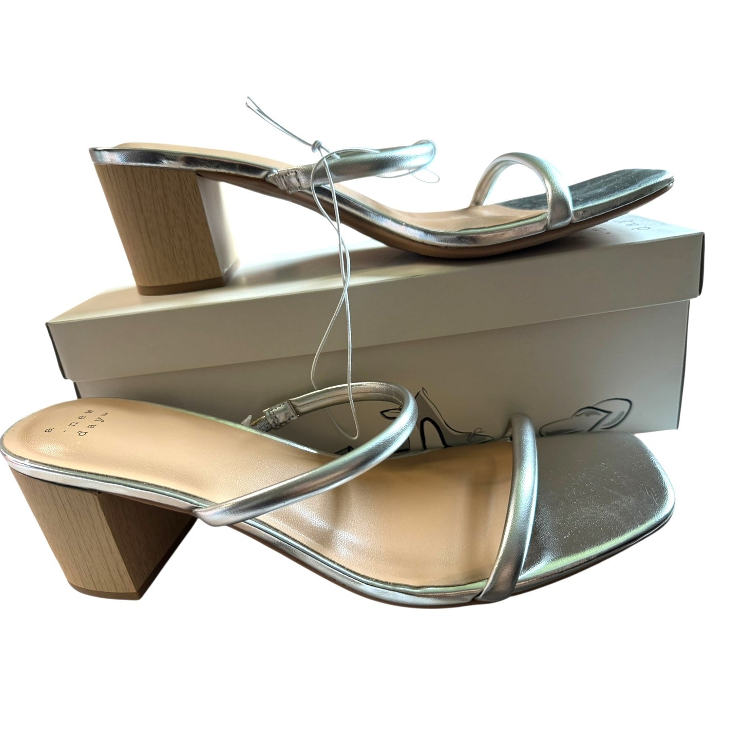 A New Day Silver Heeled Sandals Block Heel Square Toe Strappy Size 12 Womens Shoes