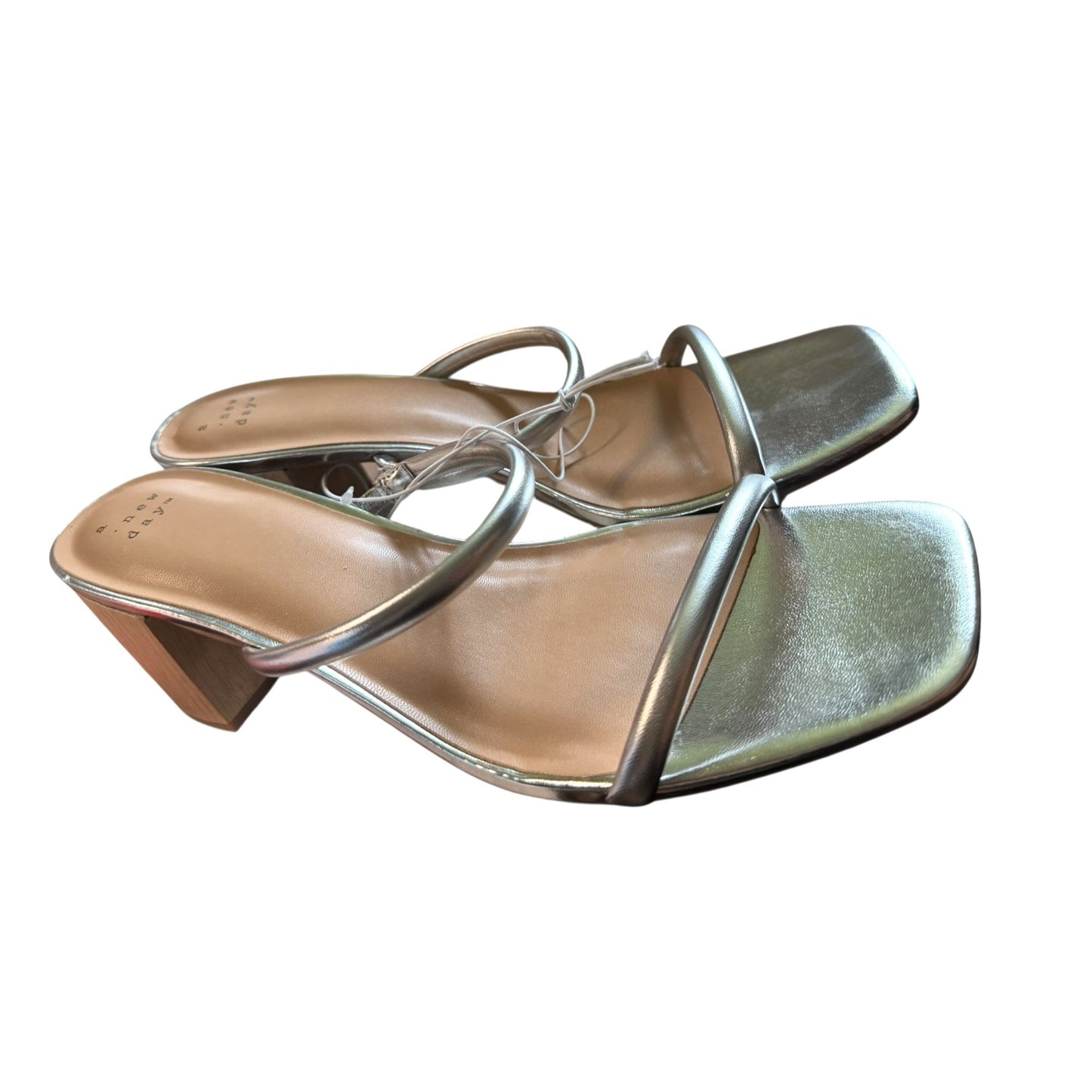 A New Day Silver Heeled Sandals Block Heel Square Toe Strappy Size 12 Womens Shoes