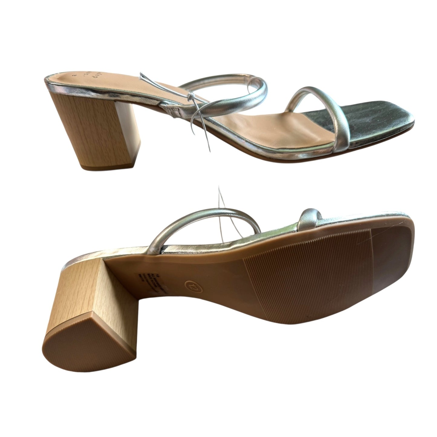 A New Day Silver Heeled Sandals Block Heel Square Toe Strappy Size 12 Womens Shoes