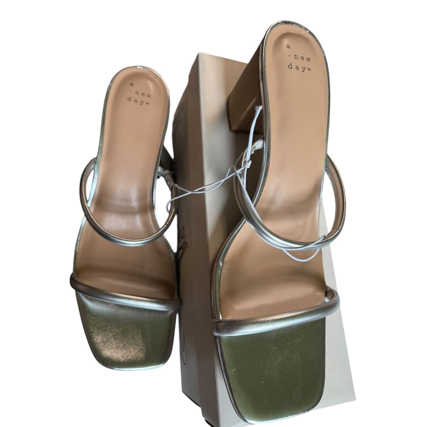 A New Day Silver Heeled Sandals Block Heel Square Toe Strappy Size 12 Womens Shoes