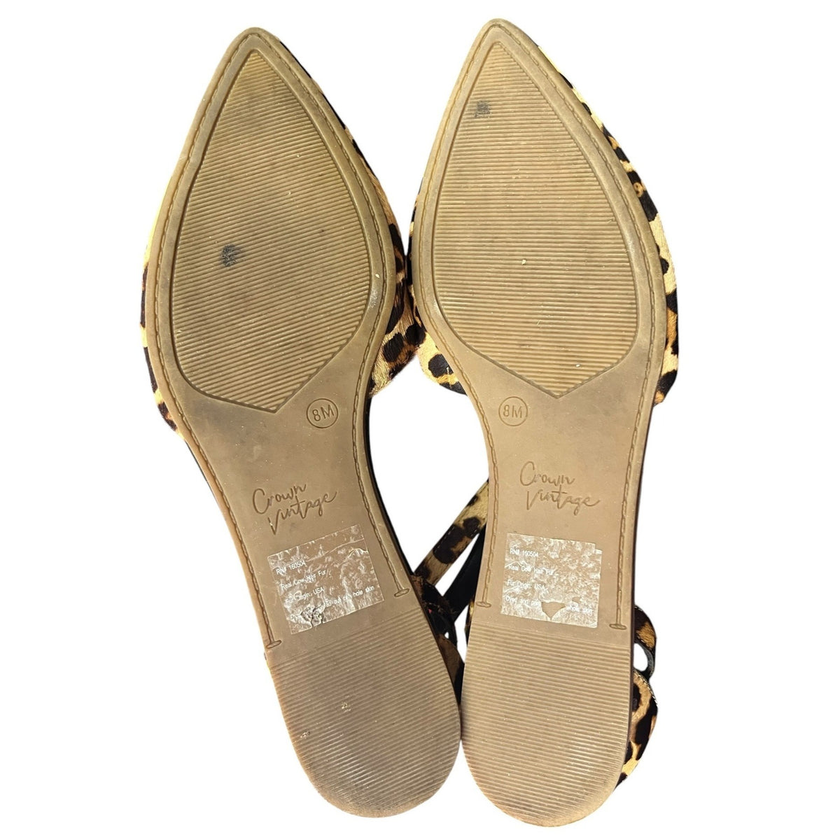 Crown Vintage Leopard Print Flats With Pointed Toe & Ankle Strap Size 8M