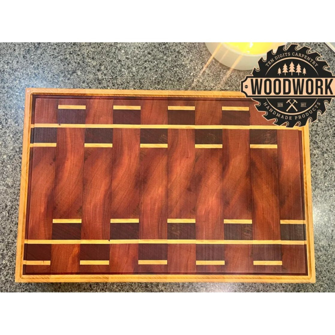 African Padauk, Ash, Beeswax, & Mahogany Handcrafted Wooden Cutting Board With Juice Groove & Non-Slip Feet