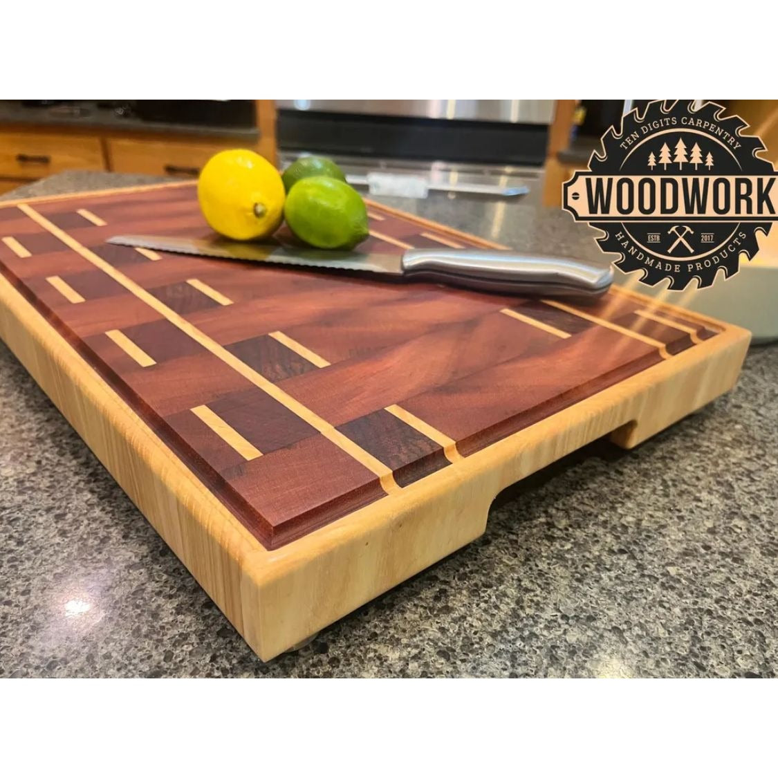 African Padauk, Ash, Beeswax, & Mahogany Handcrafted Wooden Cutting Board With Juice Groove & Non-Slip Feet