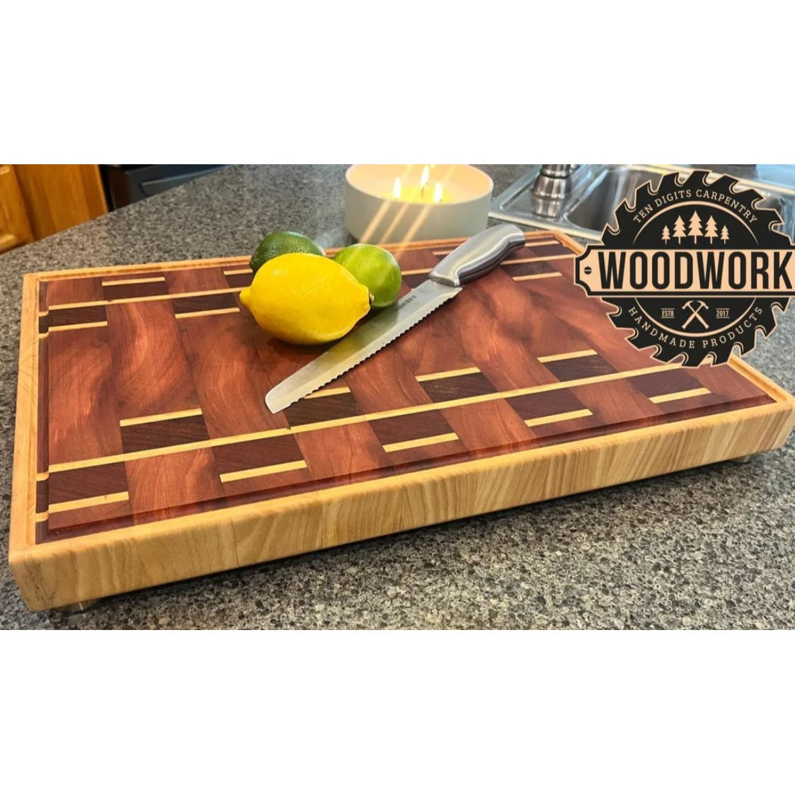 African Padauk, Ash, Beeswax, & Mahogany Handcrafted Wooden Cutting Board With Juice Groove & Non-Slip Feet