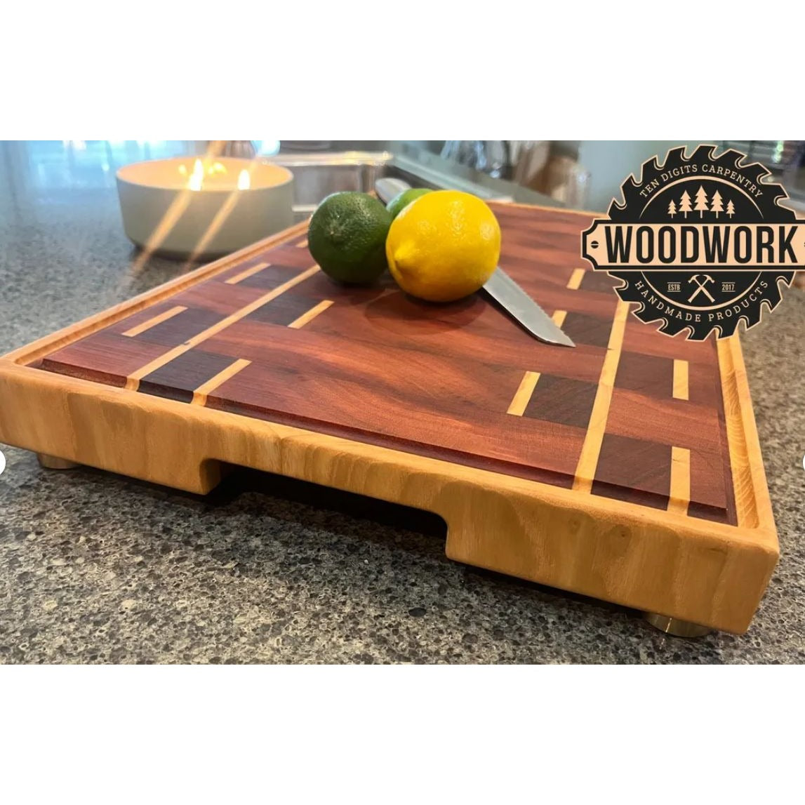 African Padauk, Ash, Beeswax, & Mahogany Handcrafted Wooden Cutting Board With Juice Groove & Non-Slip Feet