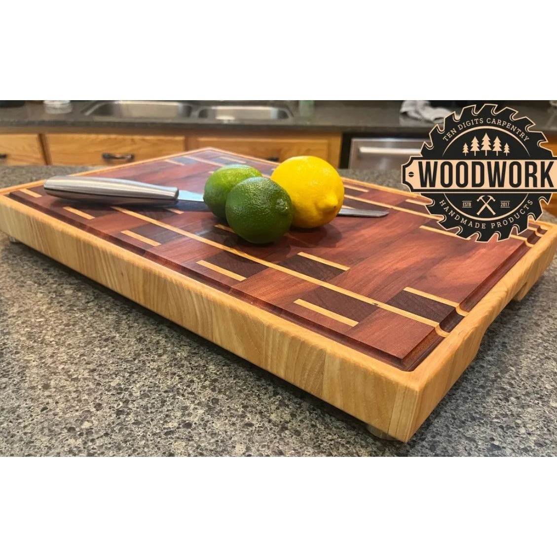 African Padauk, Ash, Beeswax, & Mahogany Handcrafted Wooden Cutting Board With Juice Groove & Non-Slip Feet