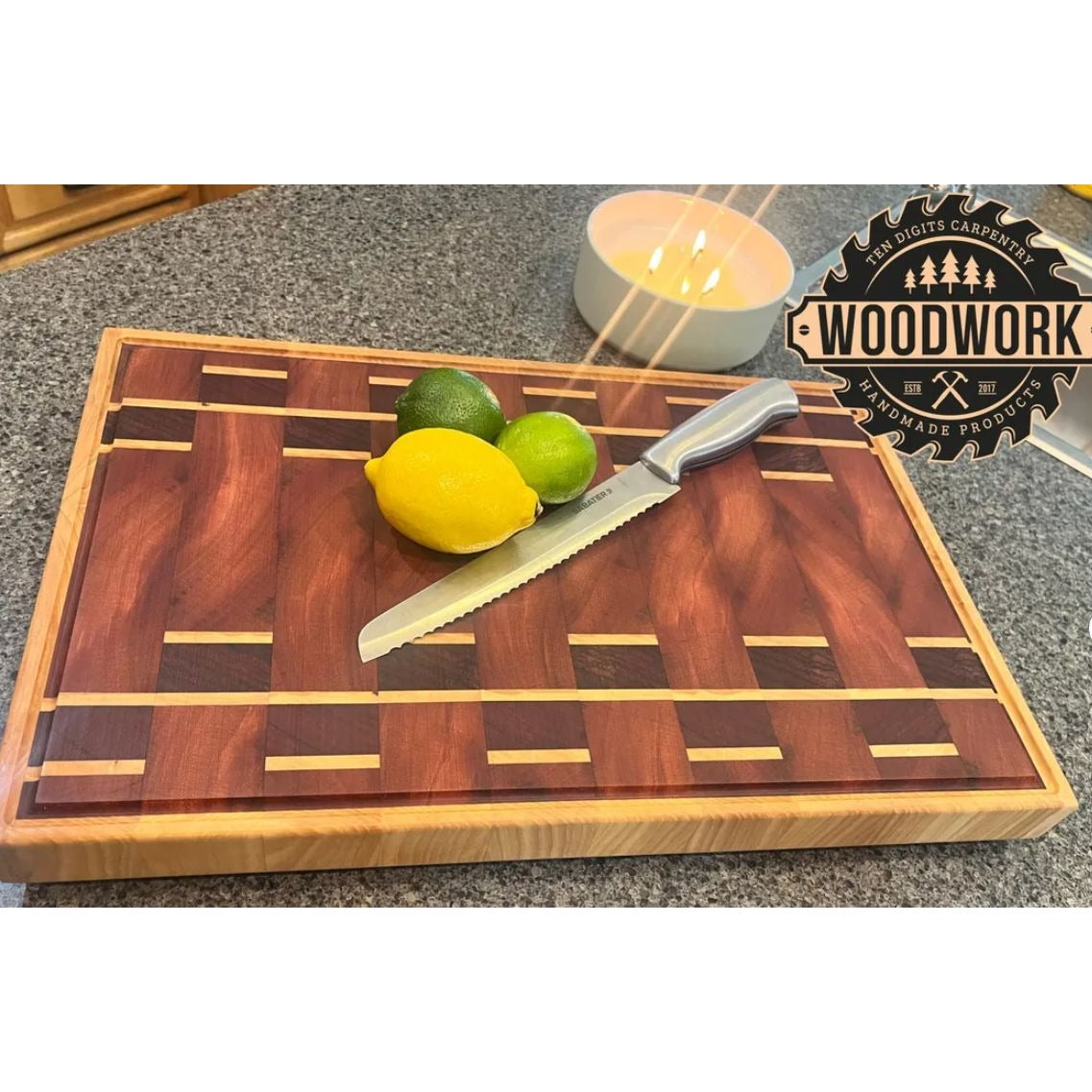 African Padauk, Ash, Beeswax, & Mahogany Handcrafted Wooden Cutting Board With Juice Groove & Non-Slip Feet