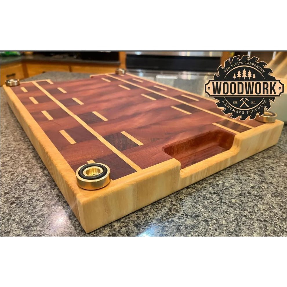 African Padauk, Ash, Beeswax, & Mahogany Handcrafted Wooden Cutting Board With Juice Groove & Non-Slip Feet