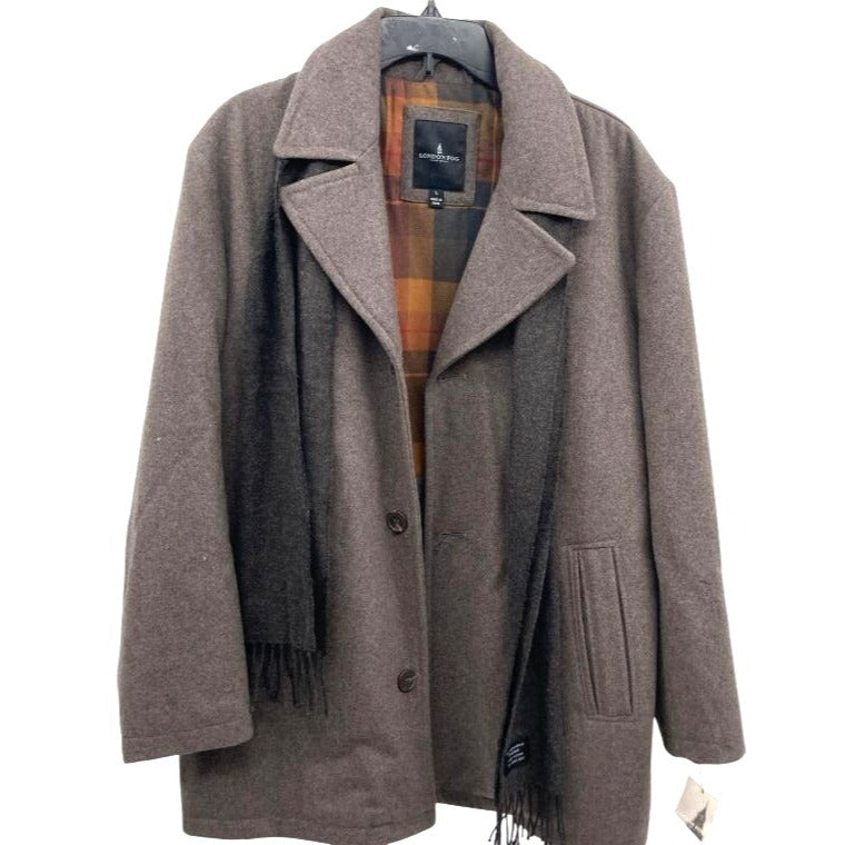 London Fog Men's Brown Wool Blend Trench Coat Size L With Plaid Lining & Scarf