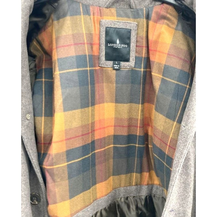 London Fog Men's Brown Wool Blend Trench Coat Size L With Plaid Lining & Scarf