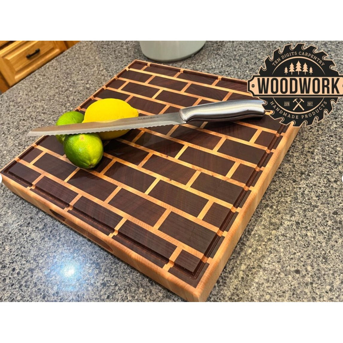 Mahogany, Maple, Beeswax, Handcrafted End Grain Cutting Board With Brick Pattern