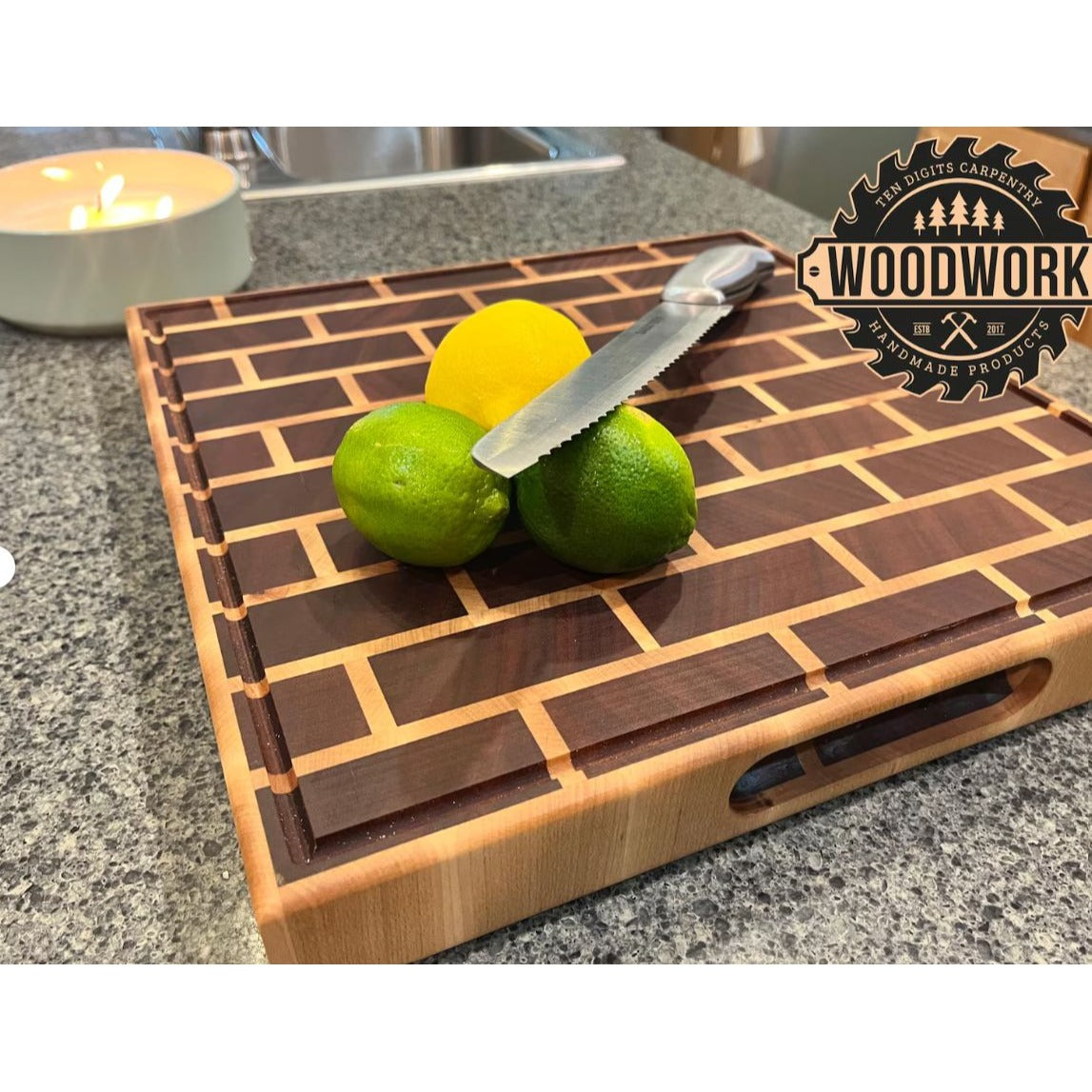 Mahogany, Maple, Beeswax, Handcrafted End Grain Cutting Board With Brick Pattern
