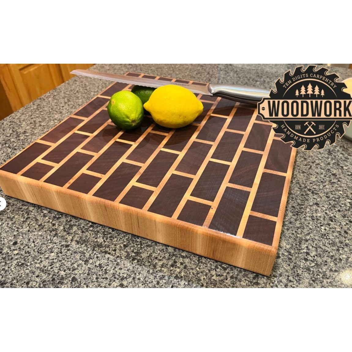 Mahogany, Maple, Beeswax, Handcrafted End Grain Cutting Board With Brick Pattern