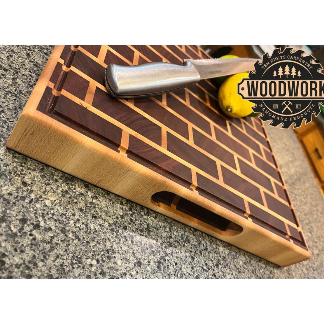 Mahogany, Maple, Beeswax, Handcrafted End Grain Cutting Board With Brick Pattern