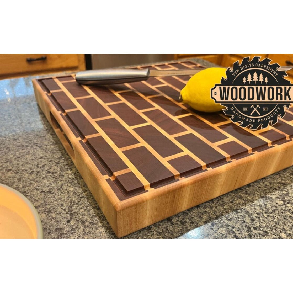 Mahogany, Maple, Beeswax, Handcrafted End Grain Cutting Board With Brick Pattern
