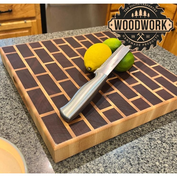 Mahogany, Maple, Beeswax, Handcrafted End Grain Cutting Board With Brick Pattern