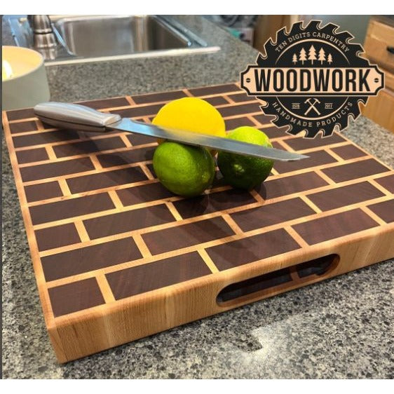 Mahogany, Maple, Beeswax, Handcrafted End Grain Cutting Board With Brick Pattern