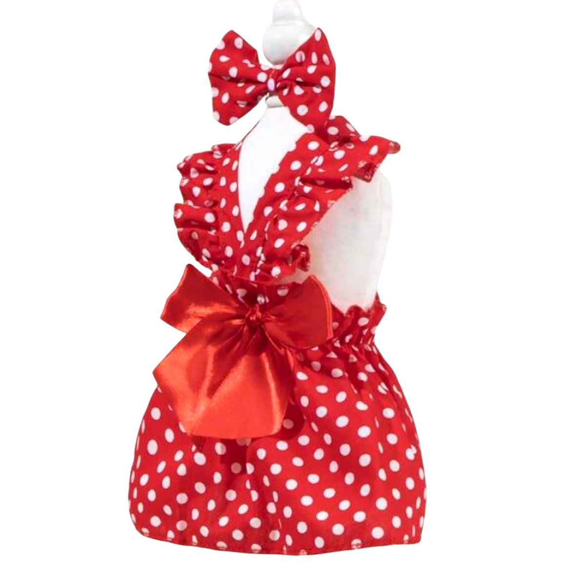 Red Polka Dot XS Dog Dress With Bow & Hair Clip NWOT