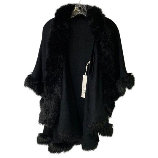 Victoria Leland Designs Black Faux Fur Trim Shawl Wrap Cape New With Tags