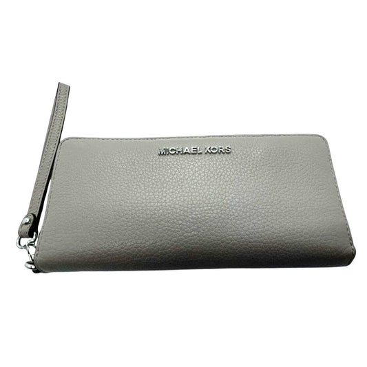 Michael Kors Pebbled Leather Wristlet Wallet With Card Slots & Zippered Closure - Gray