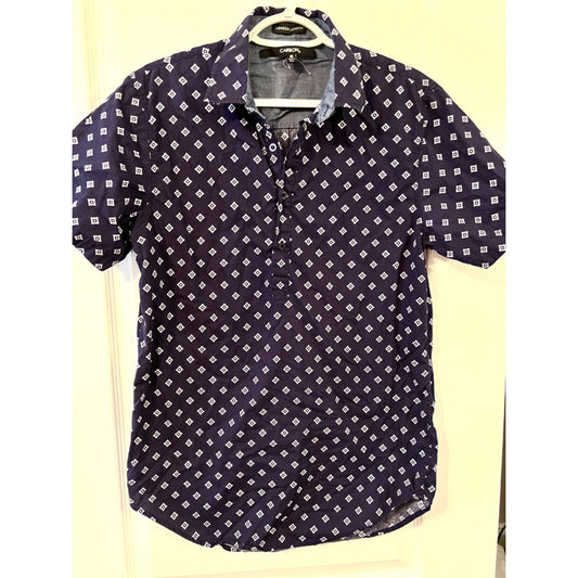 Carbon Mens Longer Length Navy Diamond Print Button-Up Shirt Size S