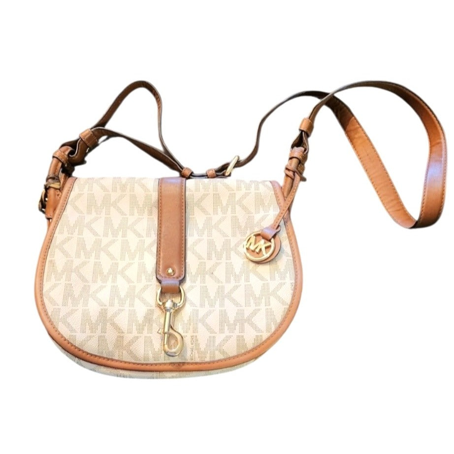 Michael Kors "Jamie" MK Signature Monogram Canvas Saddle Bag Crossbody Purse