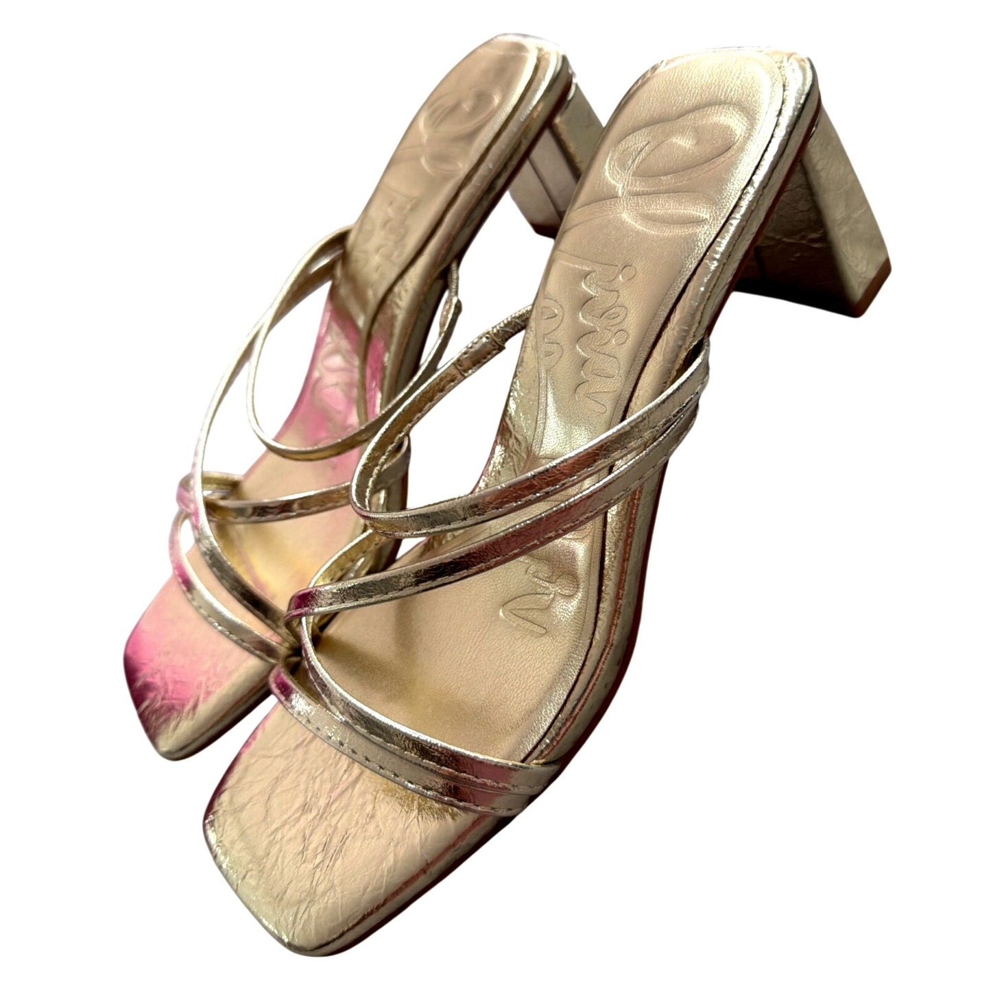 Olivia Miller Gold Strappy Square-Toe Block Heel Sandals Size 9