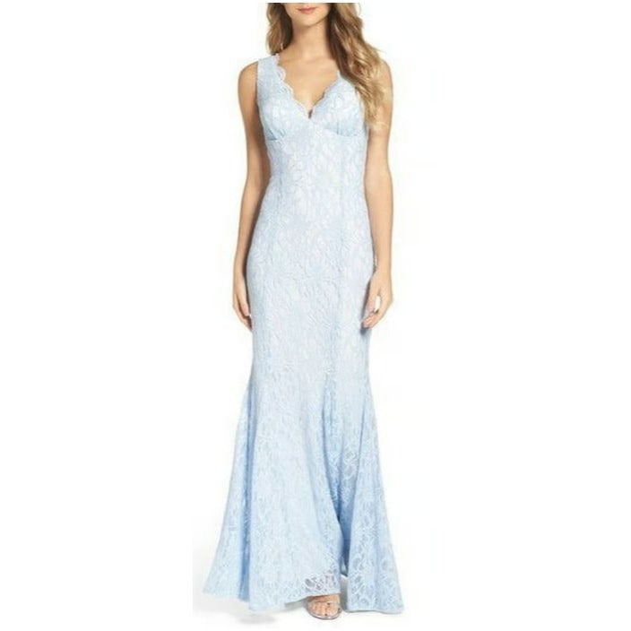 Morgan & CO. Blue V-Neck Glitter Lace Open Back Dress Size 7 NWOT