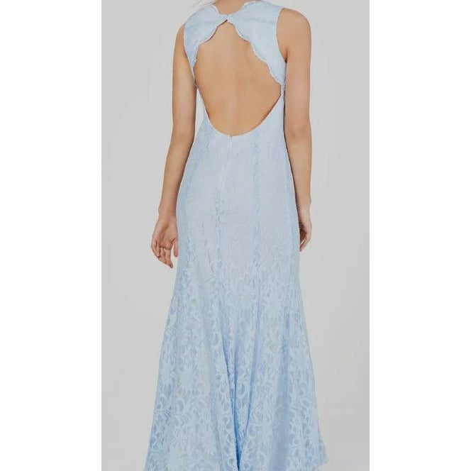 Morgan & CO. Blue V-Neck Glitter Lace Open Back Dress Size 7 NWOT