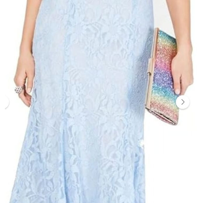 Morgan & CO. Blue V-Neck Glitter Lace Open Back Dress Size 7 NWOT
