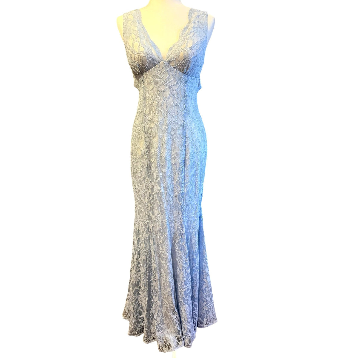 Morgan & CO. Blue V-Neck Glitter Lace Open Back Dress Size 7 NWOT