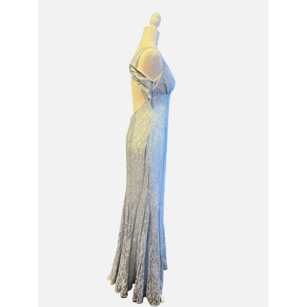 Morgan & CO. Blue V-Neck Glitter Lace Open Back Dress Size 7 NWOT