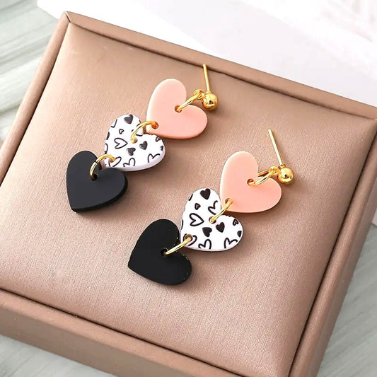 Triple Heart Drop Earrings With Pink White & Black Hearts
