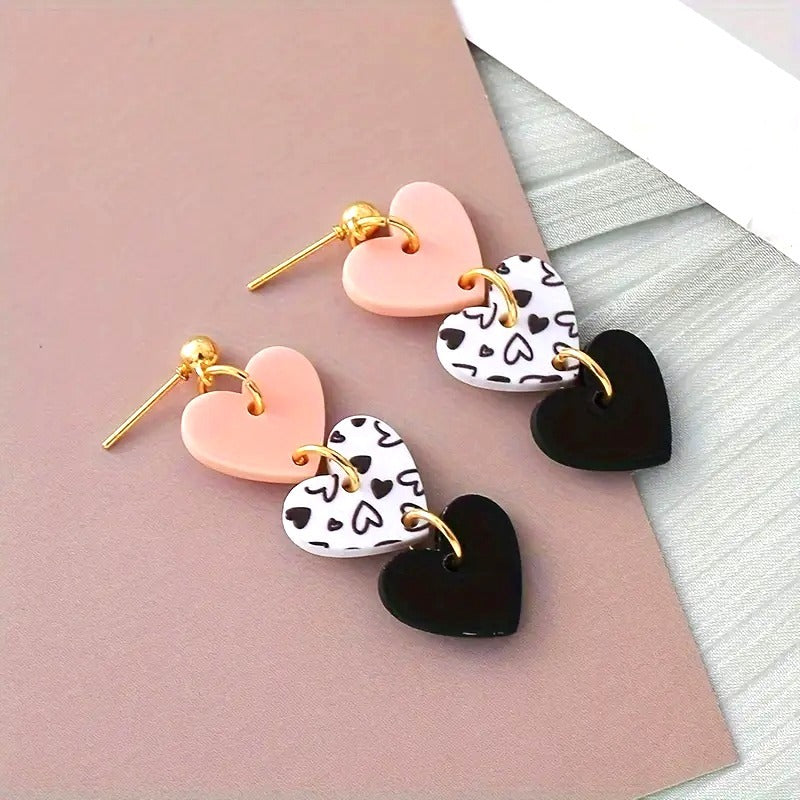 Triple Heart Drop Earrings With Pink White & Black Hearts