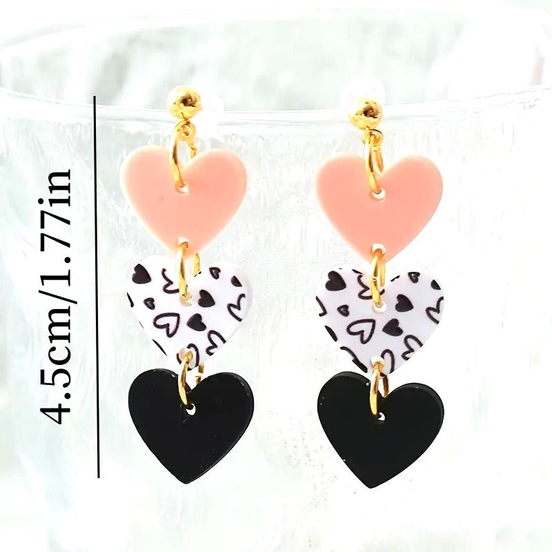 Triple Heart Drop Earrings With Pink White & Black Hearts