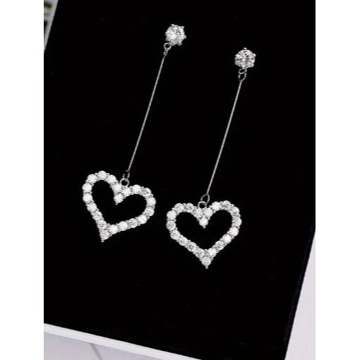 Silver-Tone Rhinestone Heart Dangling Earrings With Stud Design