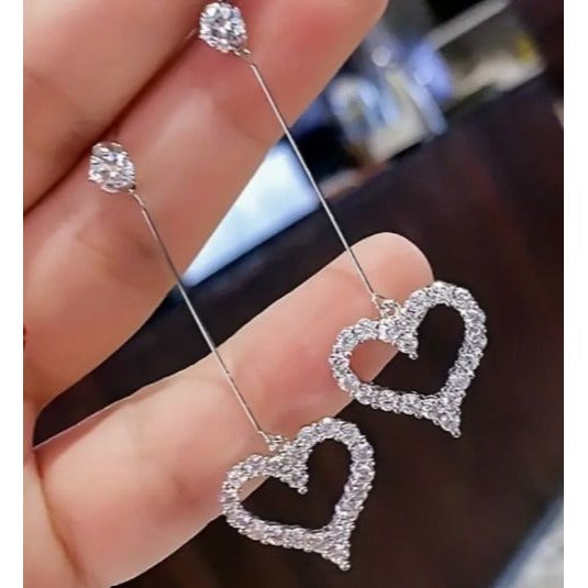 Silver-Tone Rhinestone Heart Dangling Earrings With Stud Design