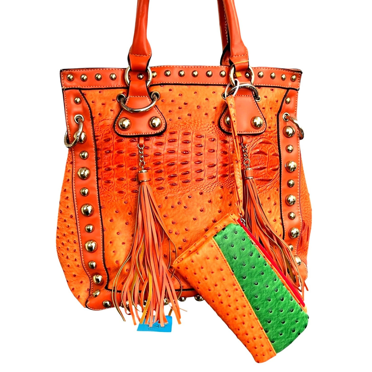 Rustic Couture Orange shoulder Bag with Matching Wallet Ostrich Embossed
