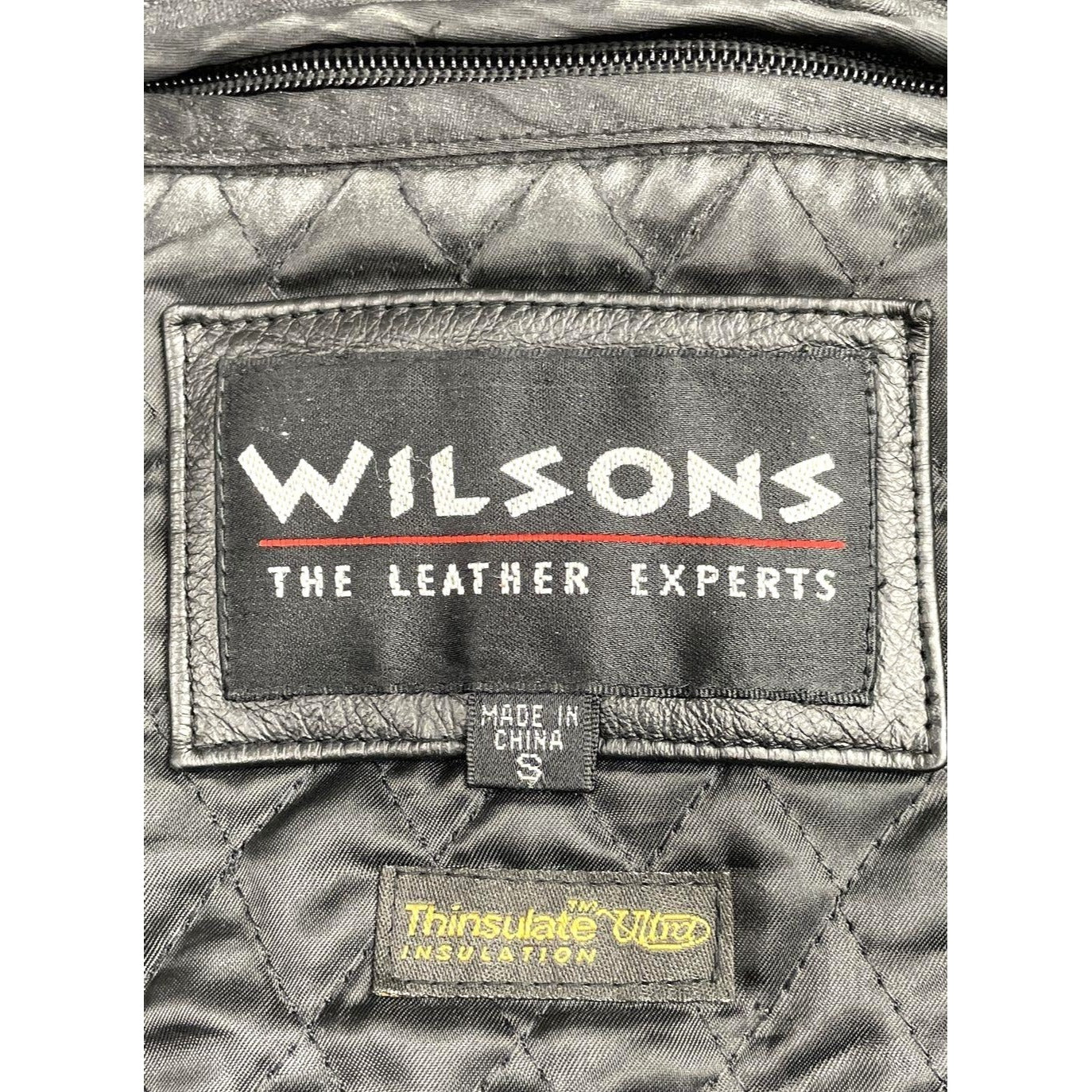 Wilsons Black Leather Jacket With Thinsulate Ultra Insulation Quilted Lining & Zip Closure Size S