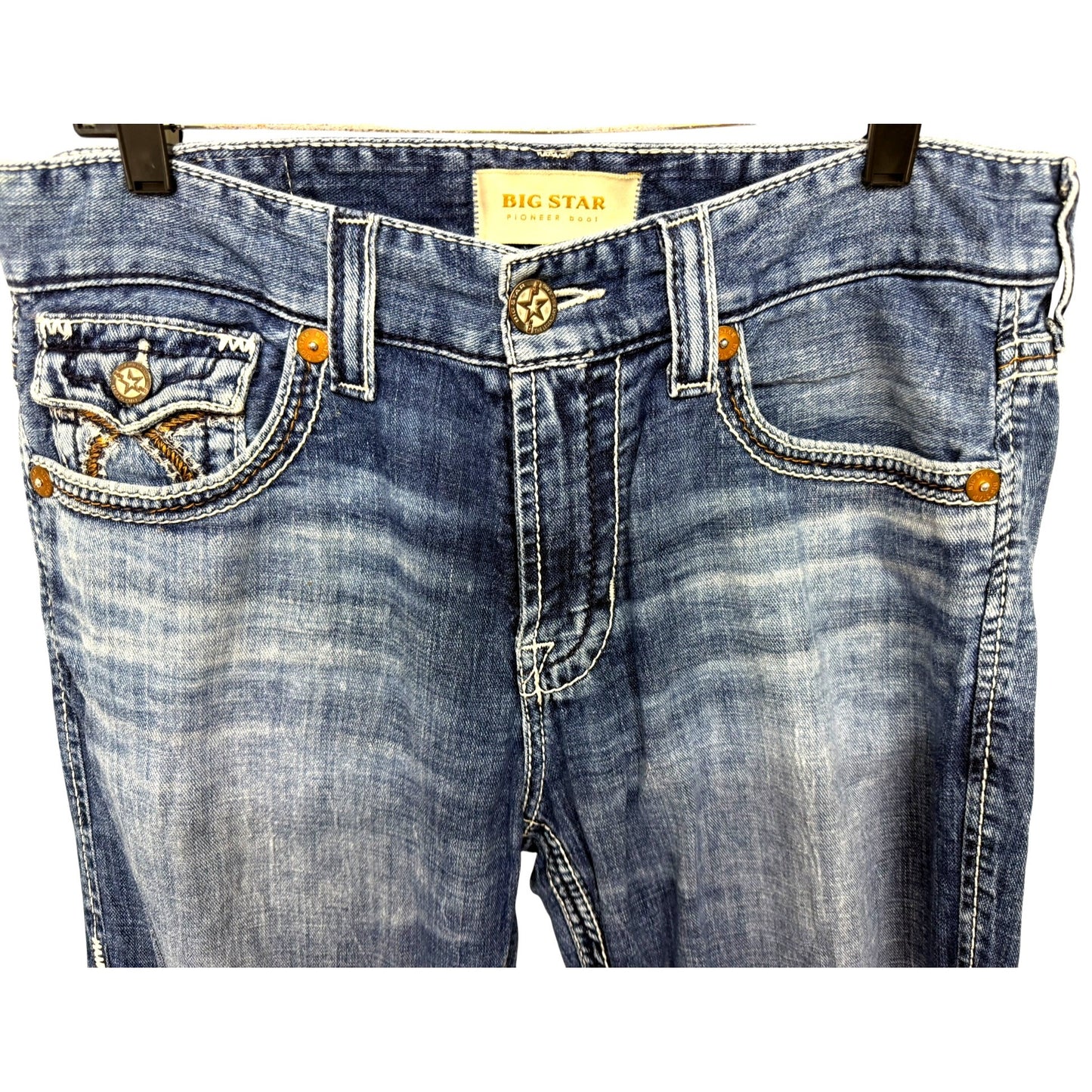 Big Star Pioneer Bootcut Jeans Blue Denim With Embroidered Pockets Men's 33L